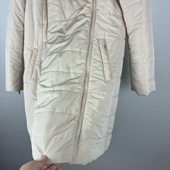 GUESS Hooded Puffer Coat Faux Fur Hood Women’s L Tan Jacket Insulated Y2K Winter - Picture 5 of 14